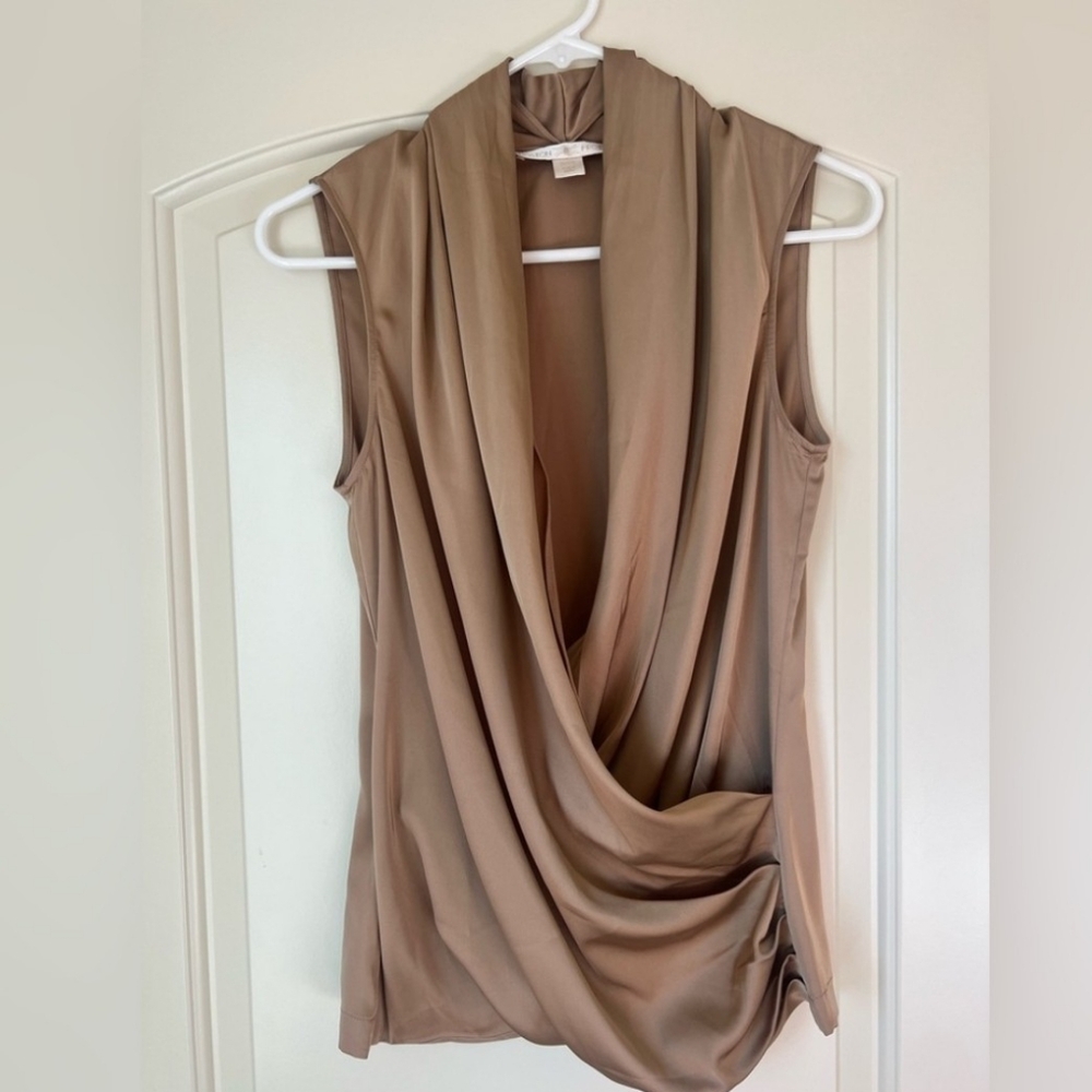 Boston Proper Golden Brown Satiny Cowl-Neck Wrap Blouse